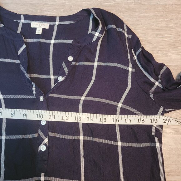 Talbots Tunic Top Women M Windowpane Button Cuffs Notched Neck Blue White - Picture 6 of 10